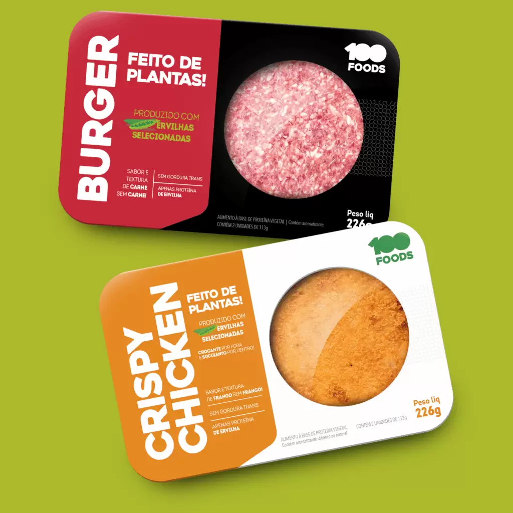 identidade visual para marca de produtos plant-based: design de embalagens de hamburgueres veganos 100 foods