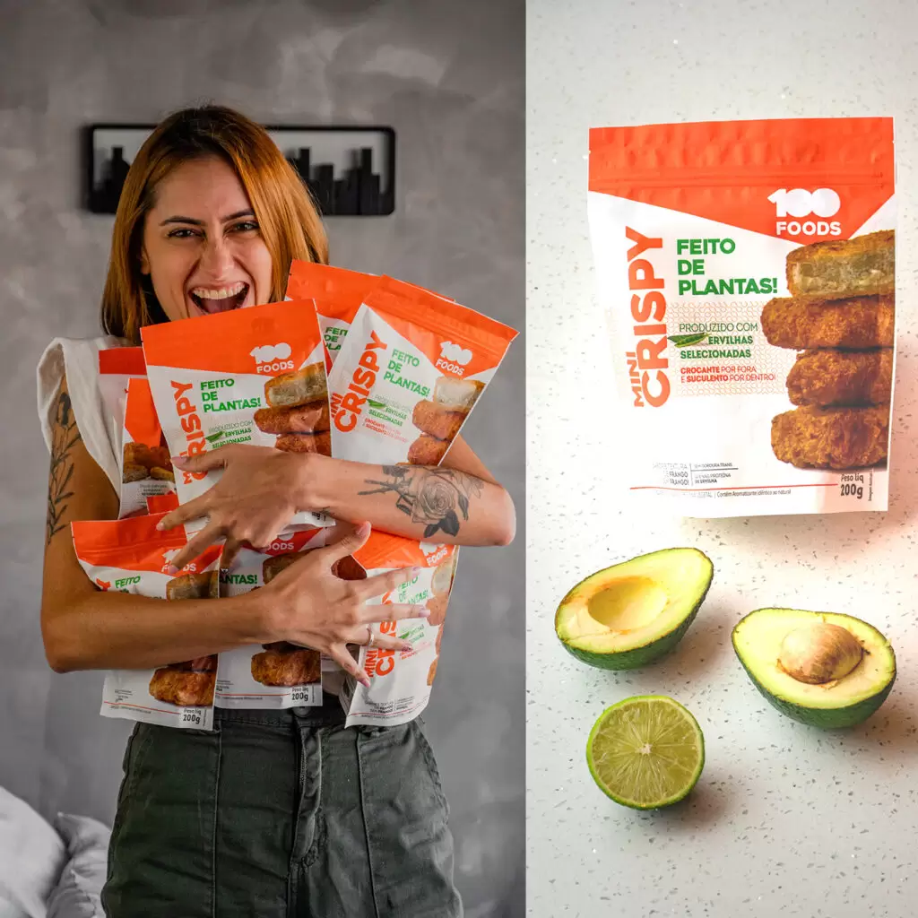 identidade visual para marca de produtos plant-based: design de marca e embalagens mini crispy 100 foods