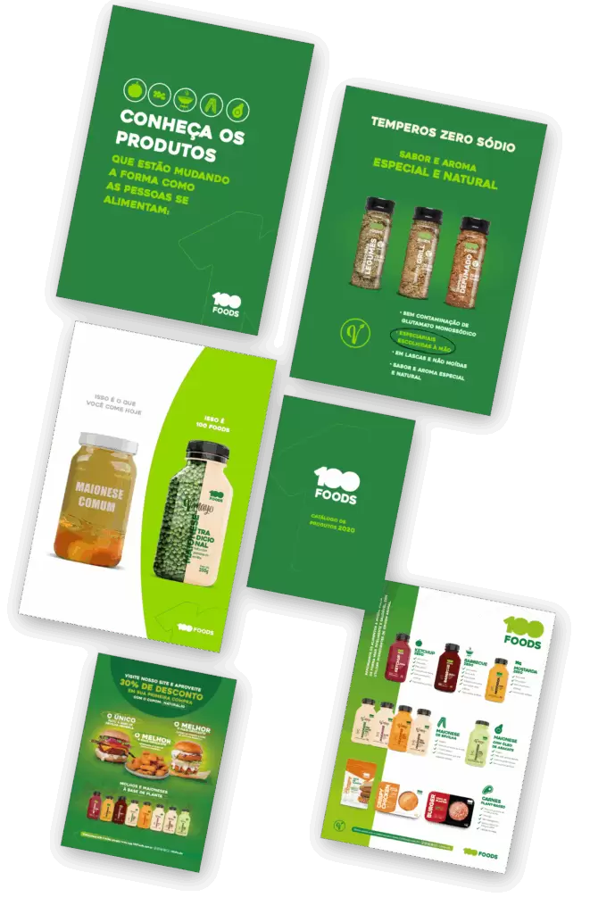 identidade visual para marca de produtos plant-based: Design de catálogo de produtos 100 foods